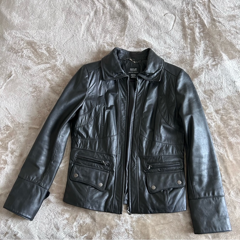 EUC genuine leather jacket with removable faux fur collar